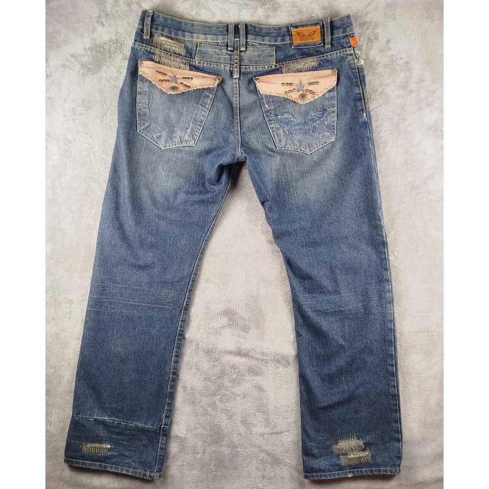VTG Robin's Jeans‎ Studded Stars Leather Flap Bootcut Men's 38x34 USA Made